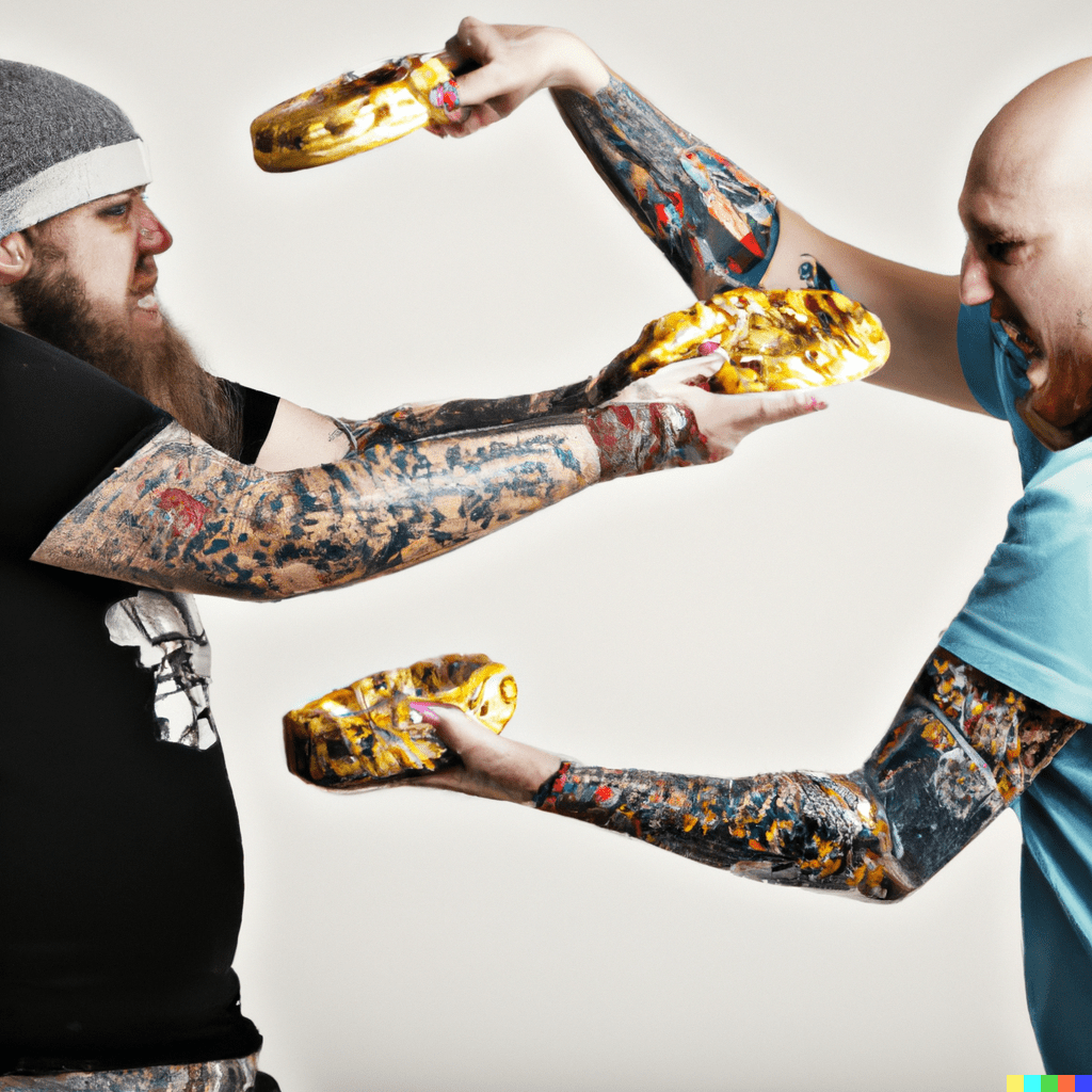two men with tattoos fighting using pies