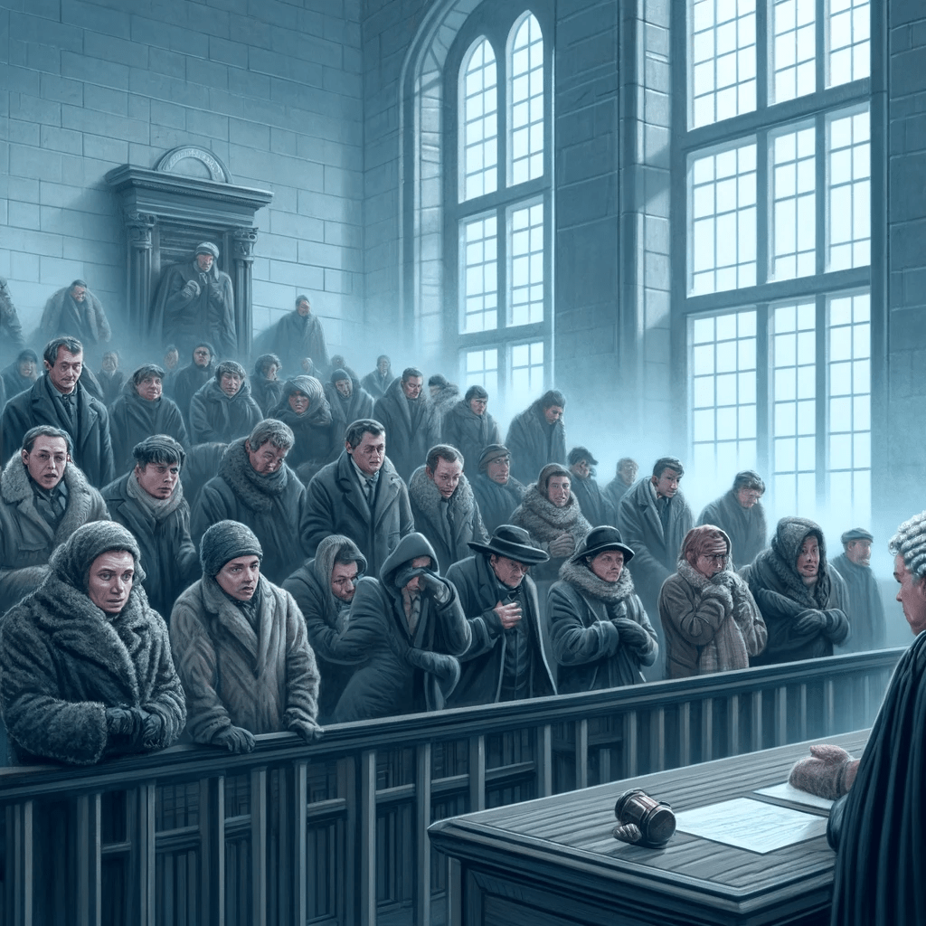 people in a freezing courtroom