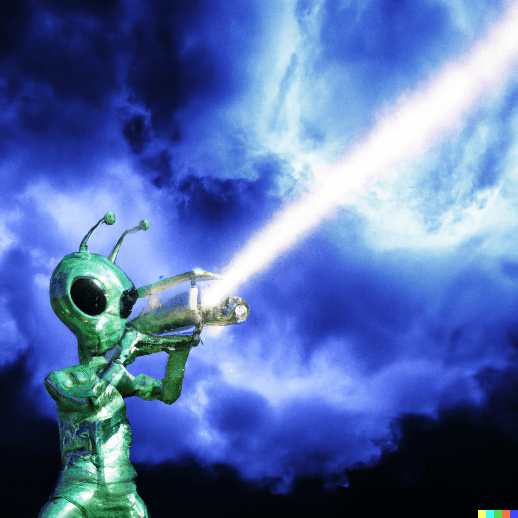 photograph of an alien shooting a ray gun, wide shot