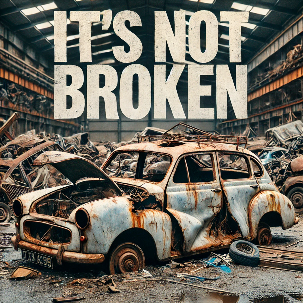 a junked car with the title 'It's not broken' 