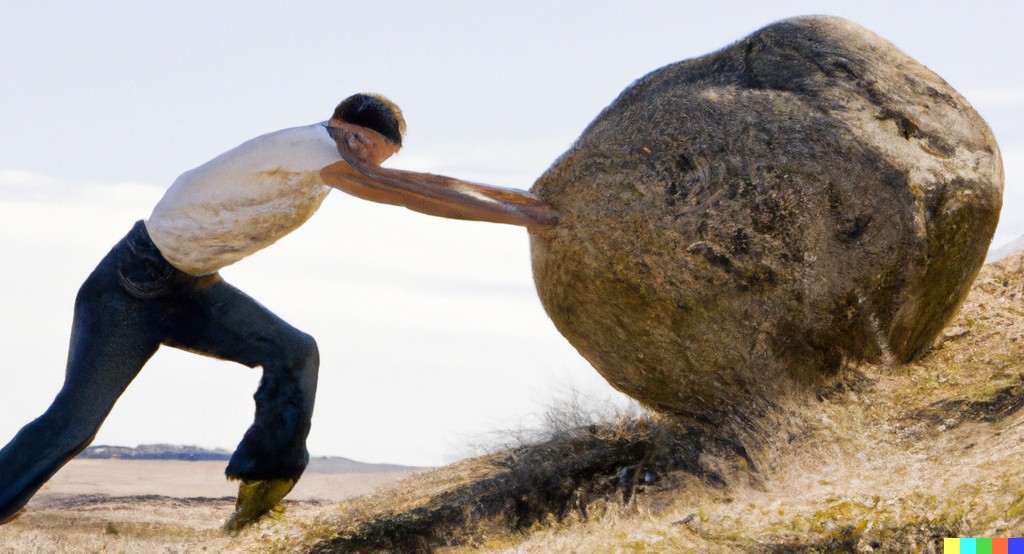 man pushing a boulder up a hill