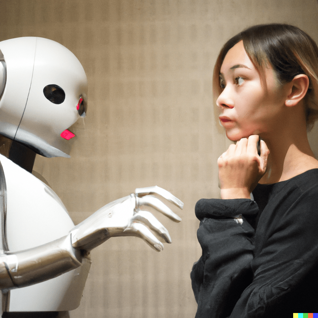 a photograph of a robot talking to an attractive woman