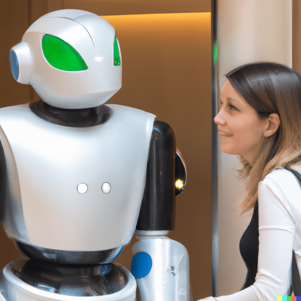 a photograph of a robot talking to an attractive woman