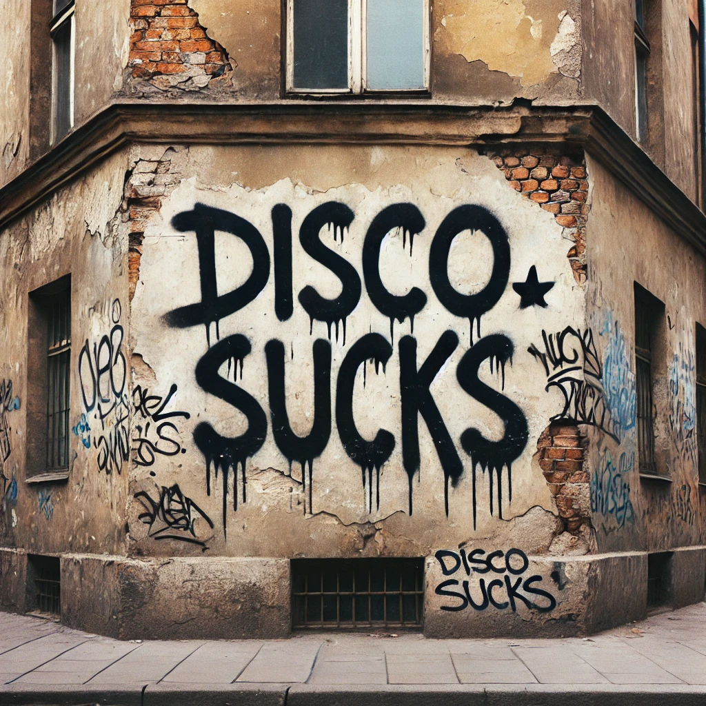 building defaced with 'Disco Sucks' graffiti