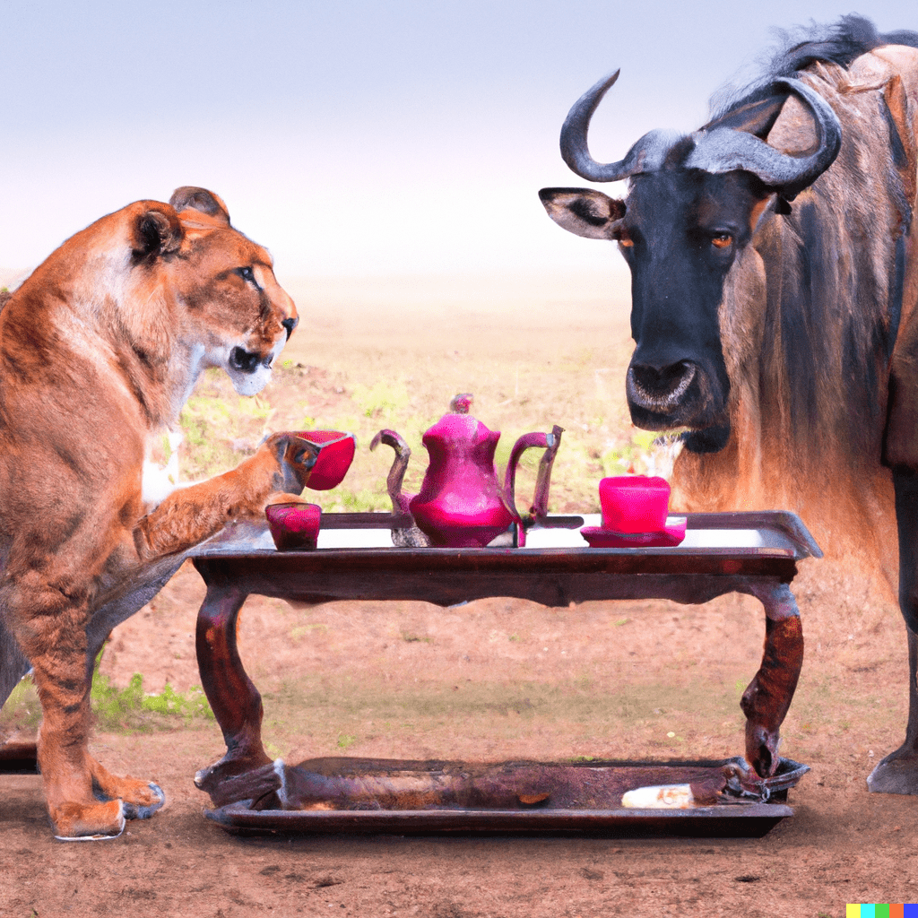 a photo of a female lion and a wildebeest having tea with tray and teacups