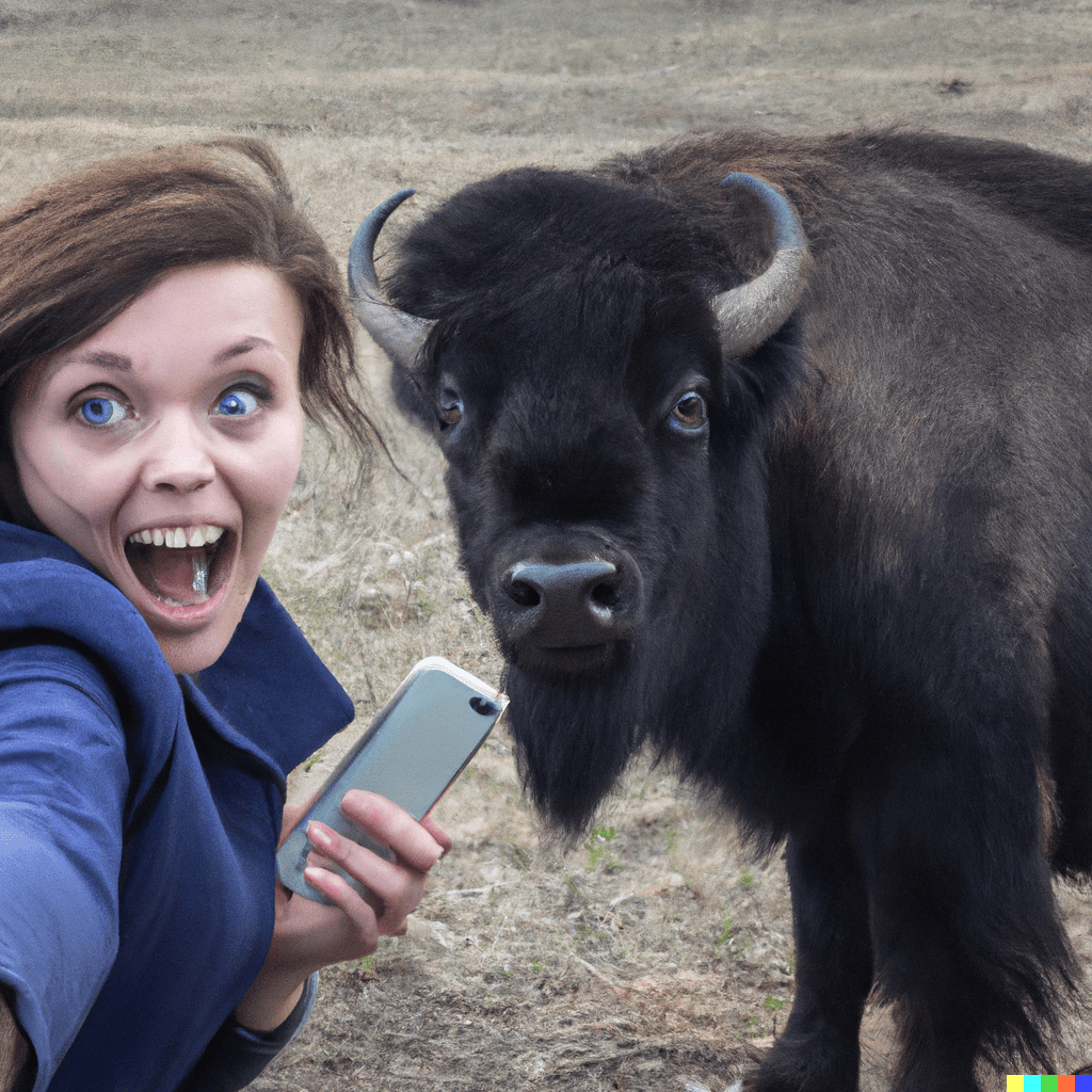 photo of a clueless woman taking a selfie with a bison, realistic