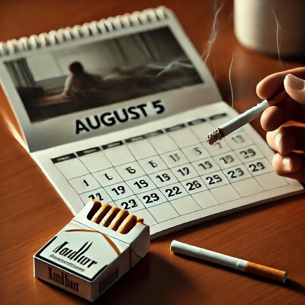 photo of 2 packs of cigarettes in the foreground and a page from a calendar showing August 5 in the background