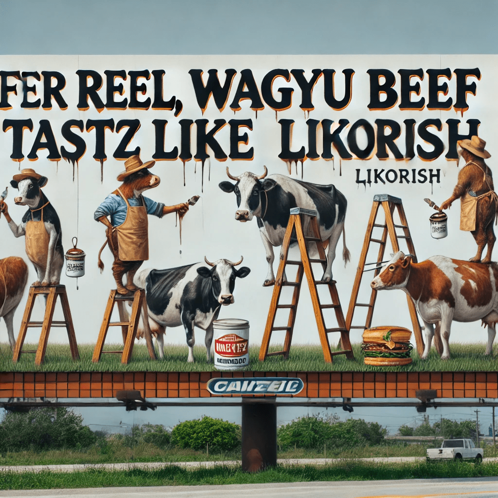 image of billboard advertising for a chicken sandwich fast food place showing cows painting the slogan, 'FER REEL, WAGYU BEEF TASTZ LIKE LIKORISH' 