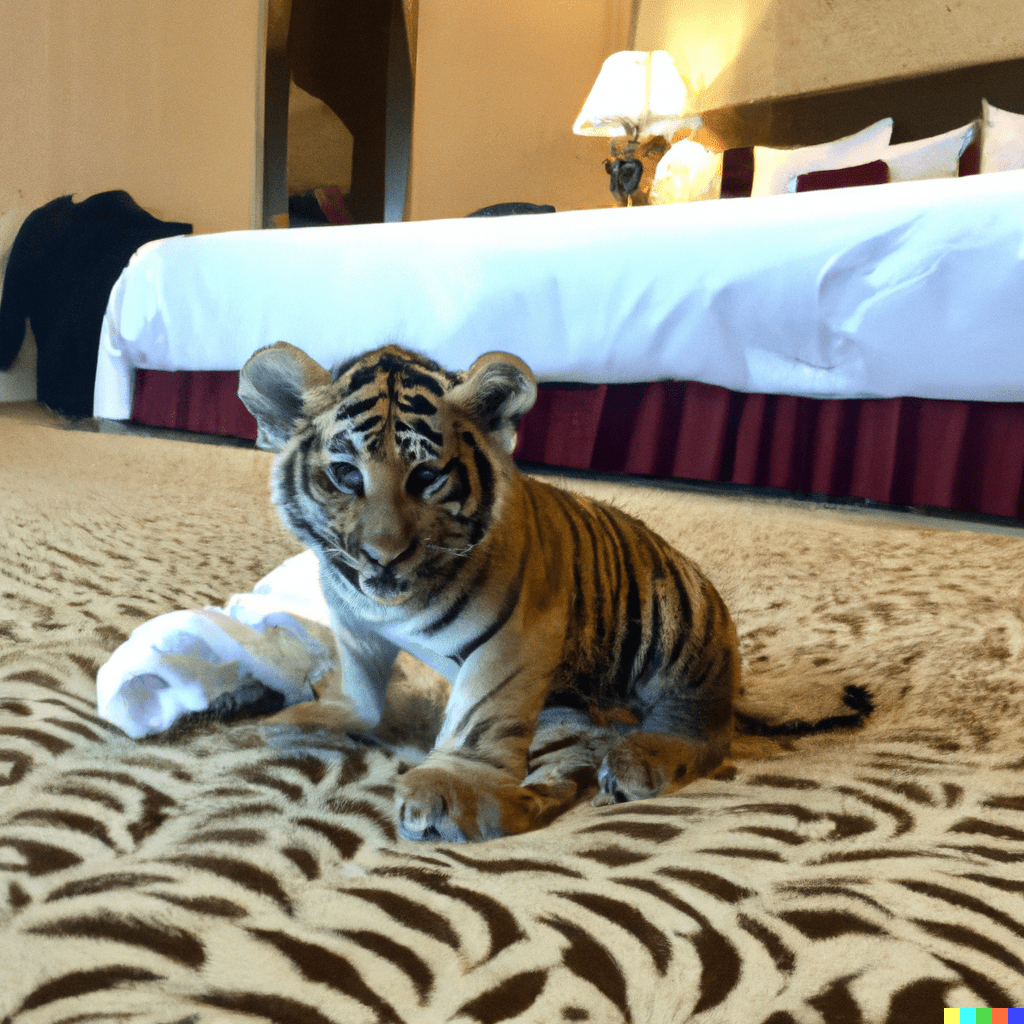 baby tiger in hotel room