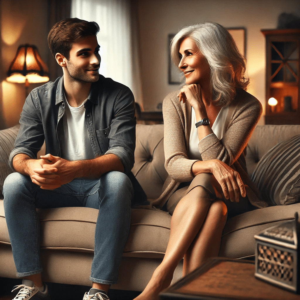 Man age 25 and woman age 50 sitting on a couch