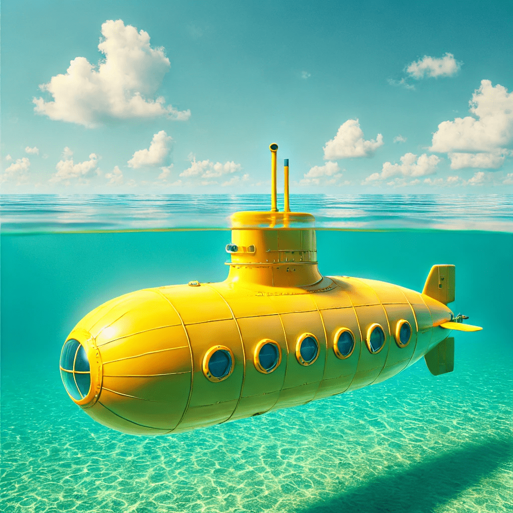 a yellow submarine surrounded by blue sky and green sea