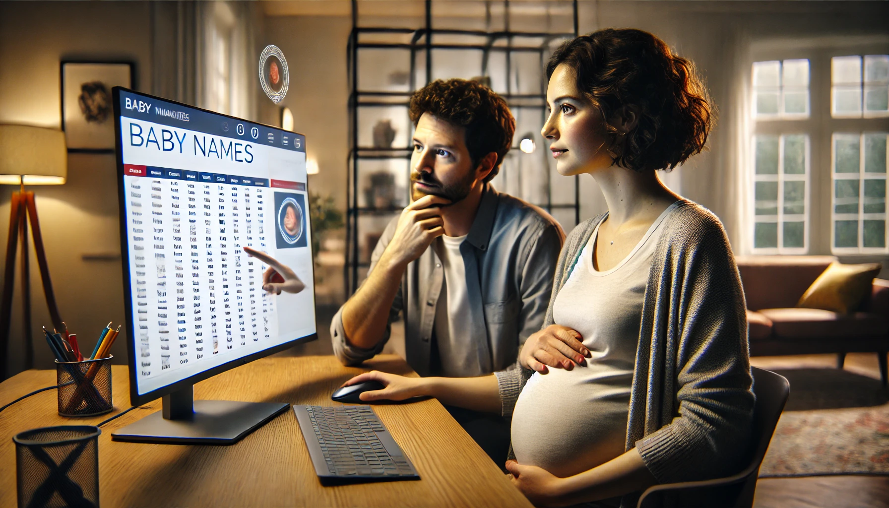 image of an expecting couple reviewing the results of a software program that generates baby names