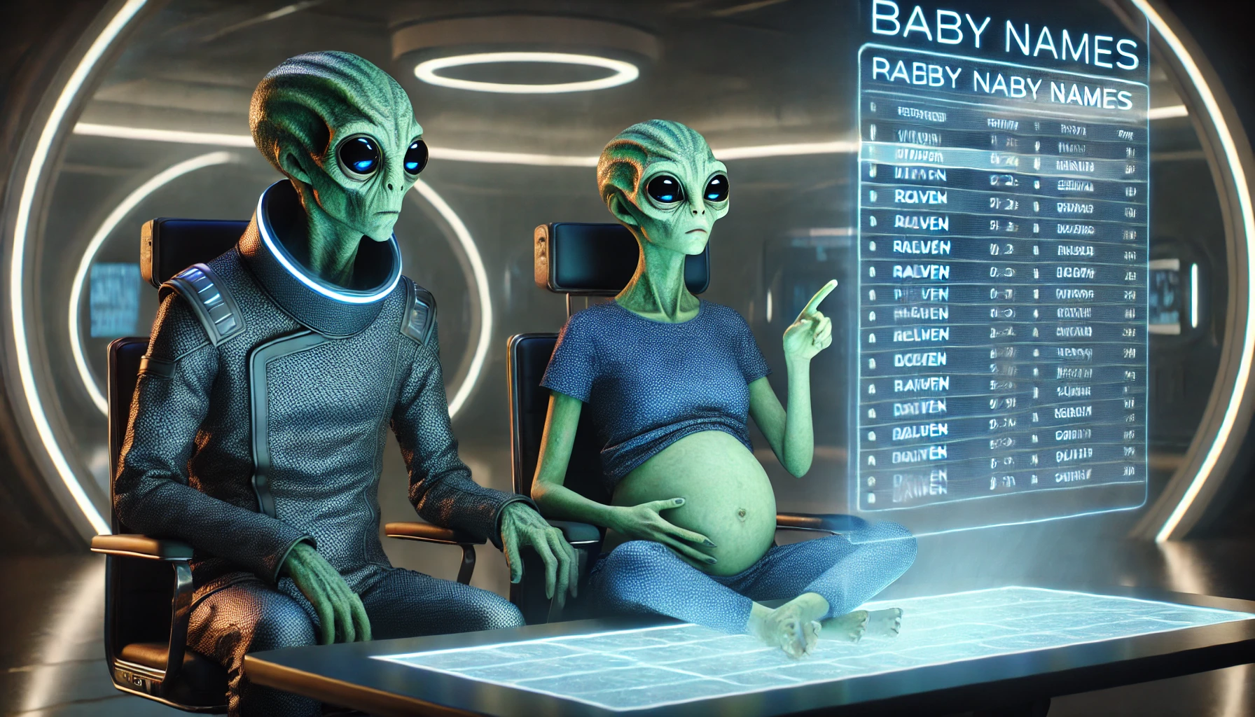 image of an expecting alien couple reviewing the results of a software program that generates baby names