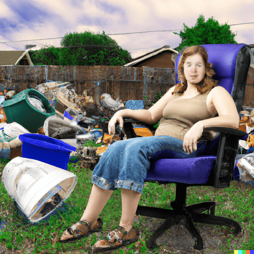 woman in a lawn chair surrounded by trash