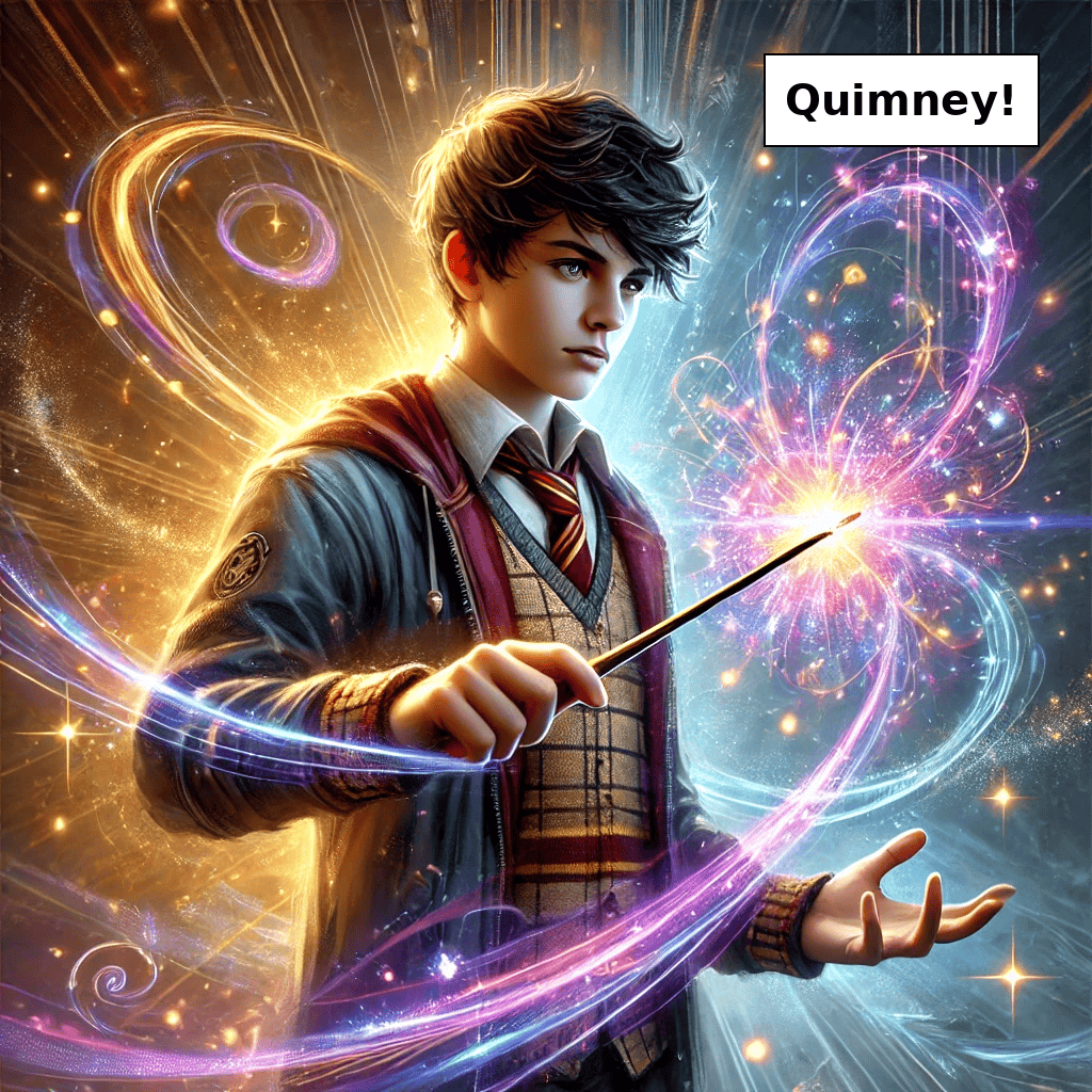 image of a teenager with a wand casting a spell called 'Quimney!' with a voice bubble