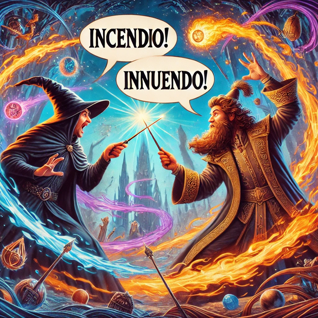 image of two wizards casting spells at each other with wands, including speech bubbles that say 'Incendio!' and 'Innuendo!'