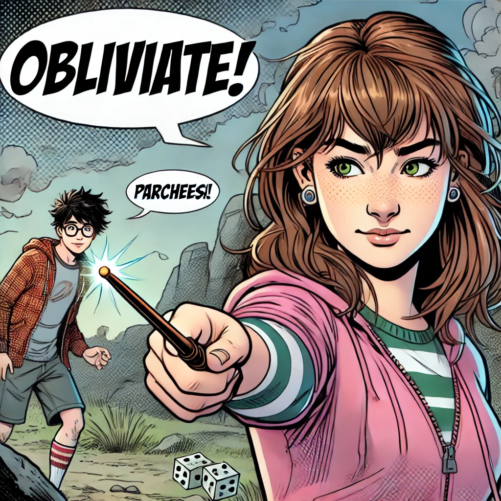 image of a teenage girl pointing a wand and saying 'Obliviate!' in a word bubble, and another teenager emerging from behind a rock and pointing their wand back and saying 'Parcheesi!' 