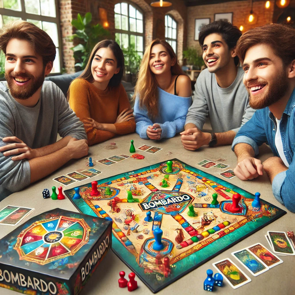 realistic image of young adults playing a board game called 'BOMBARDO' 