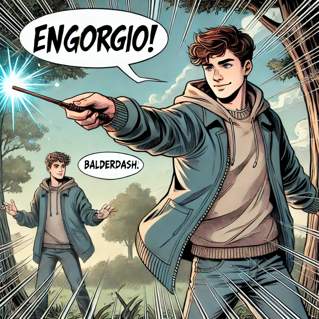 image of a teen boy waving a wand and casting a spell (with the text bubble 'Engorgio!'), and another teen emerging from behind a tree, waving a wand and casting a response spell (with the text bubble 'Balderdash!')