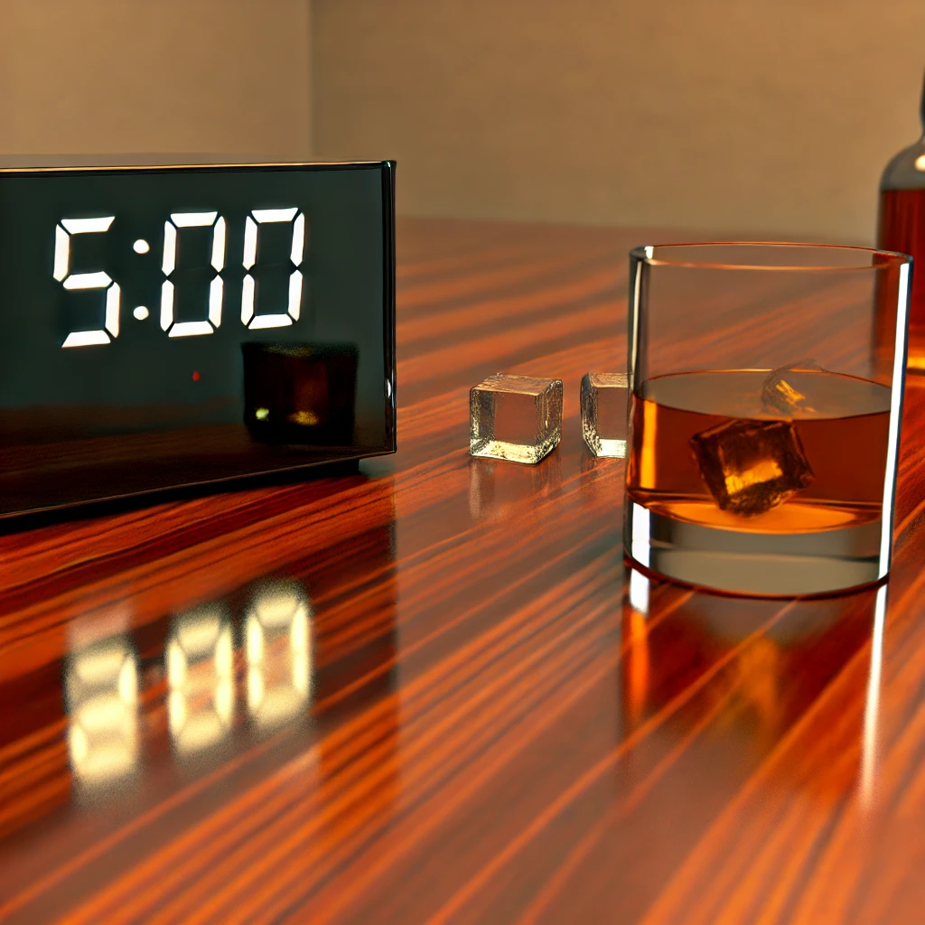 image of a digital clock showing 5:00 alongside a glass of whiskey