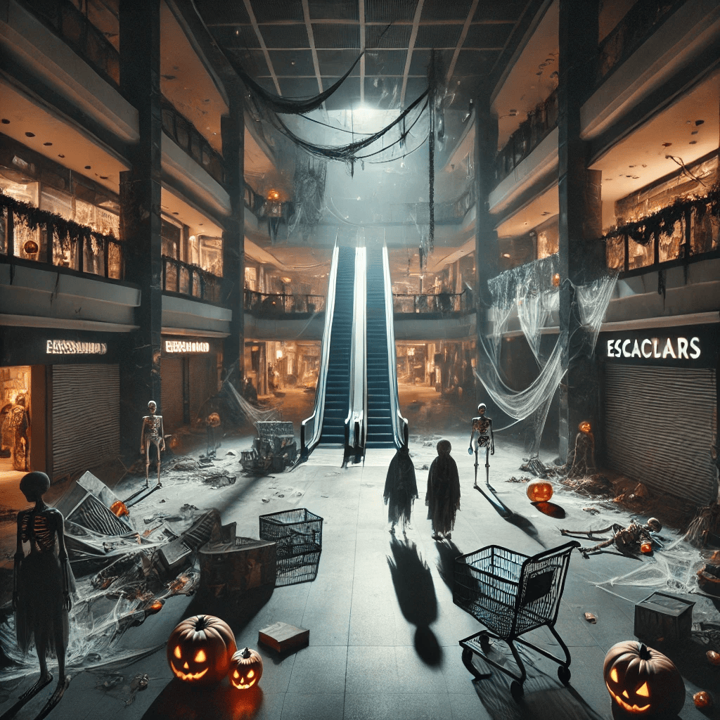 image of the interior of a deserted mall on Halloween