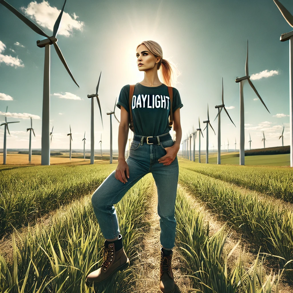 image of a working-class blonde woman with a T-shirt that says 'Daylight' surrounded by windmills