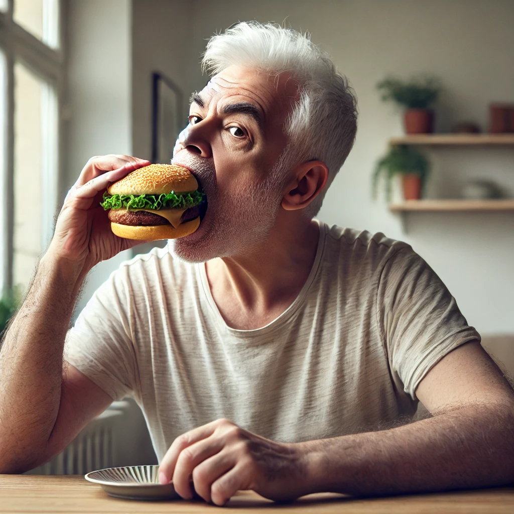 image of a pale white guy age 55 in a T shirt taking a large bite from a hamburger