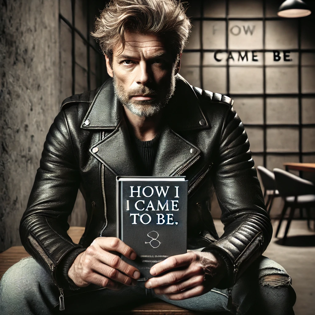 image of an edgy older guy reading a serious book called 'How I Came to Be' 