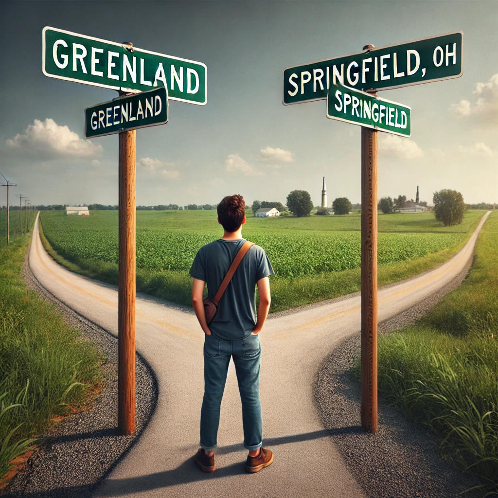 image of a person standing at a fork in the road with signs pointing to 'Greenland' and 'Springfield, OH' 