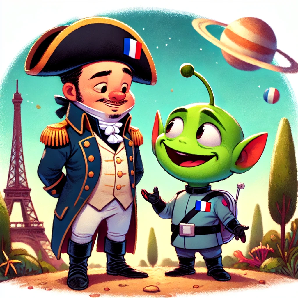 image of a short French leader and a short cartoon Martian