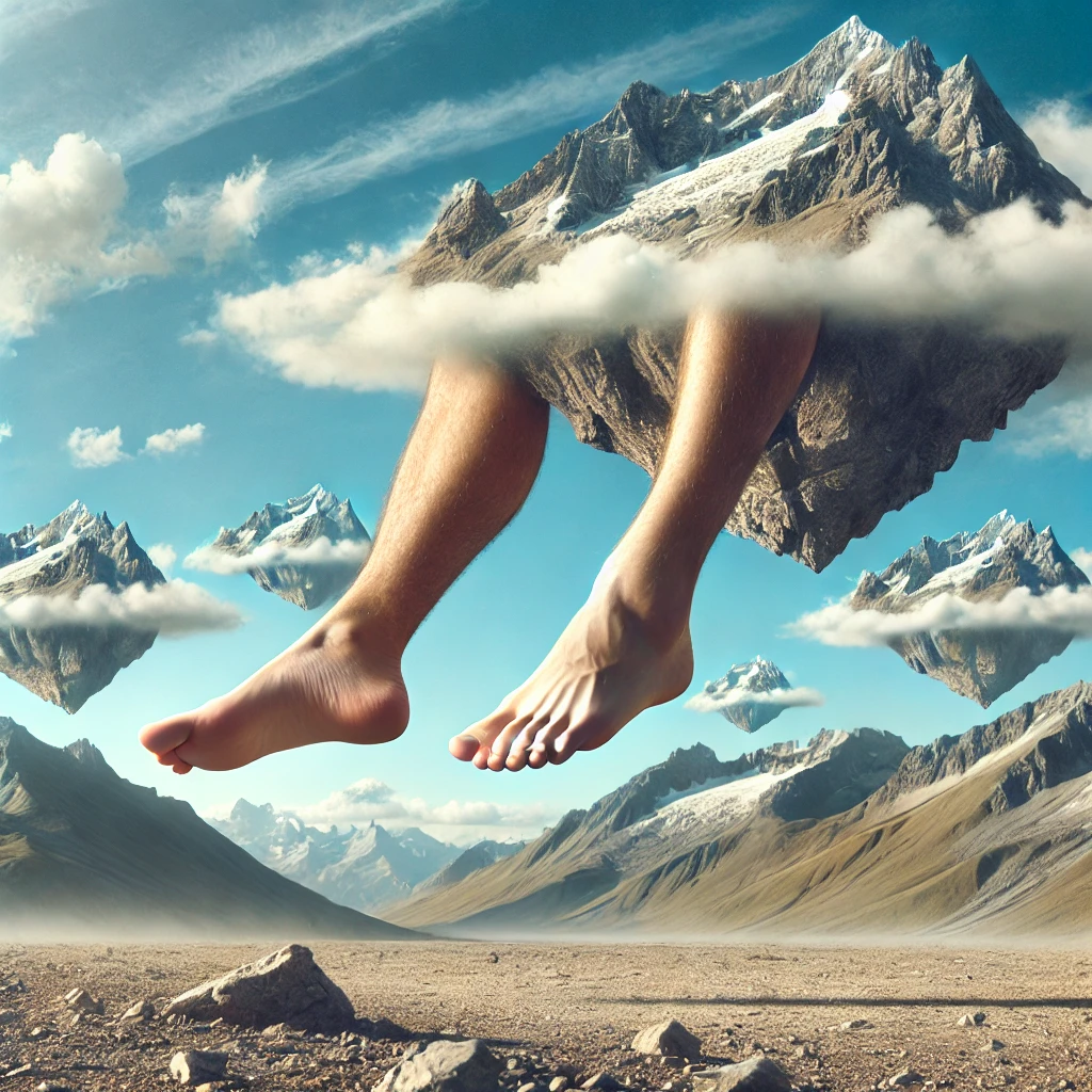 surreal image of mountains floating in the sky with legs and feet extending downward to touch the ground