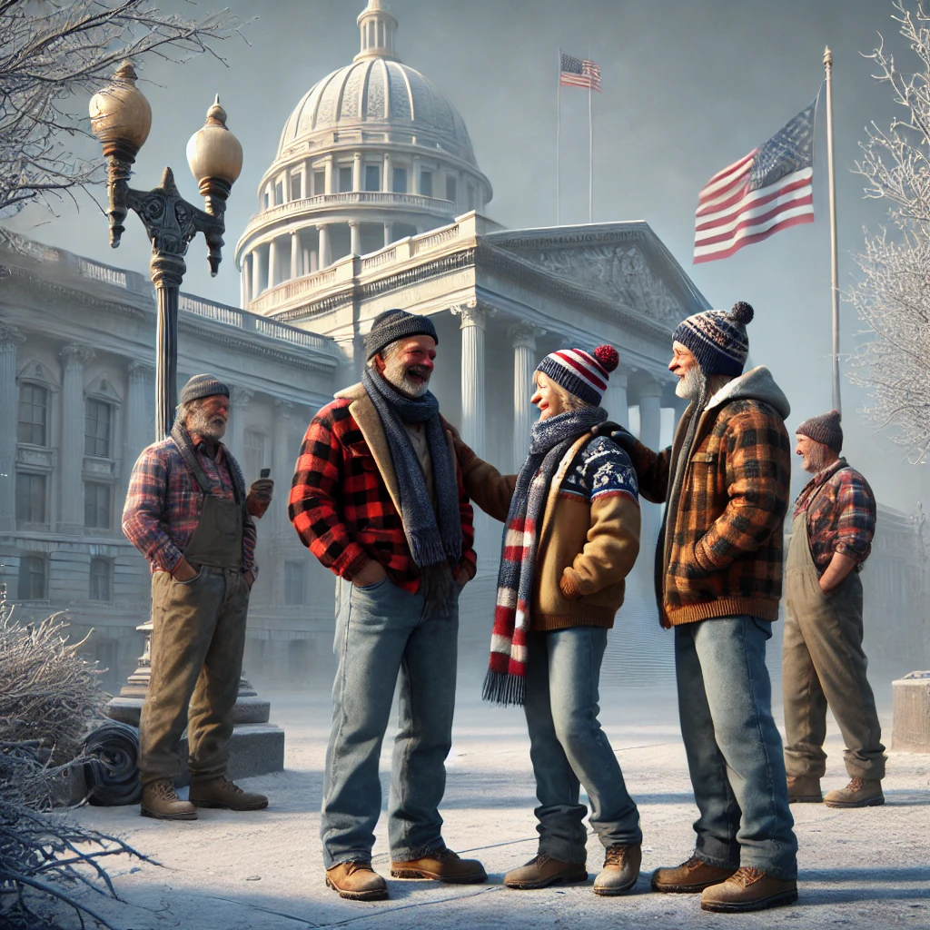 image of modern-day blue-collar couples, approximately 50 years old, in flannel and patriotic attire hanging out outside a D.C. building in extremely cold weather