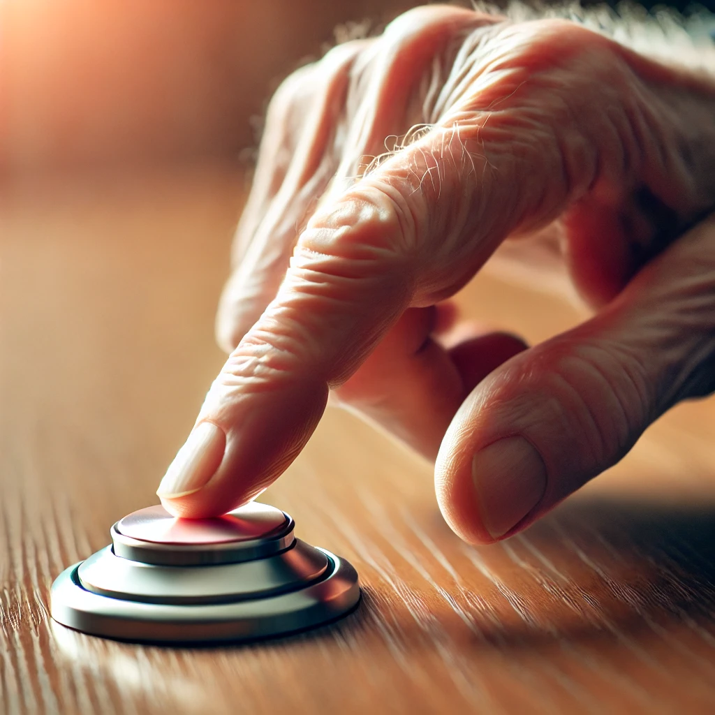 image of a closeup of an index finger of an elderly man pressing a button on a desk