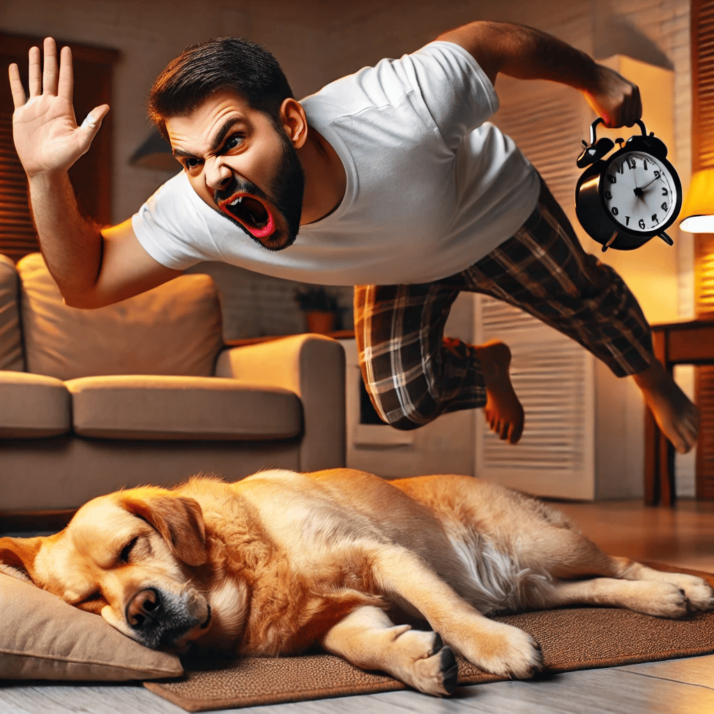 image of a man leaping in the air to wake up a sleeping dog