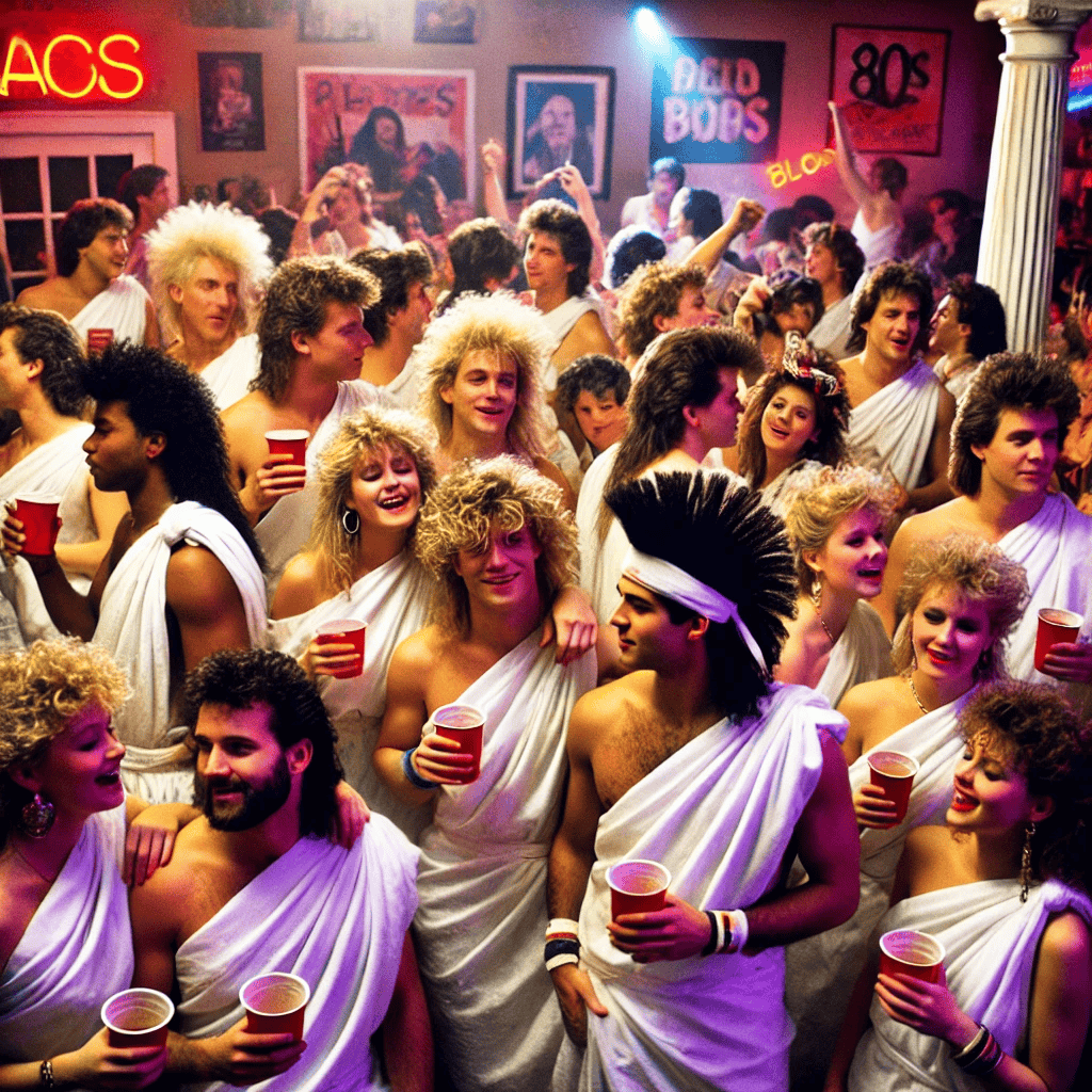 people at a toga party at a fraternity house with 1980s hairstyles