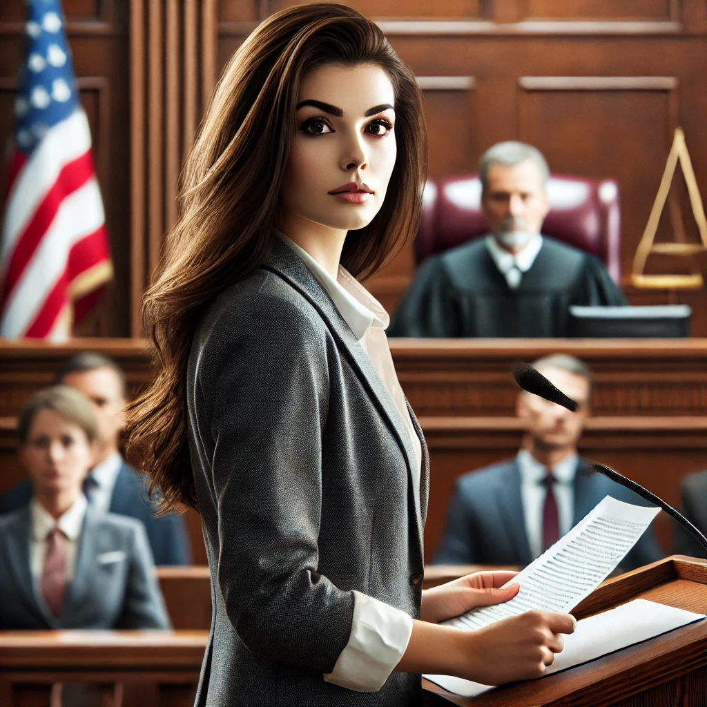 a woman making an opening statement in a courtroom