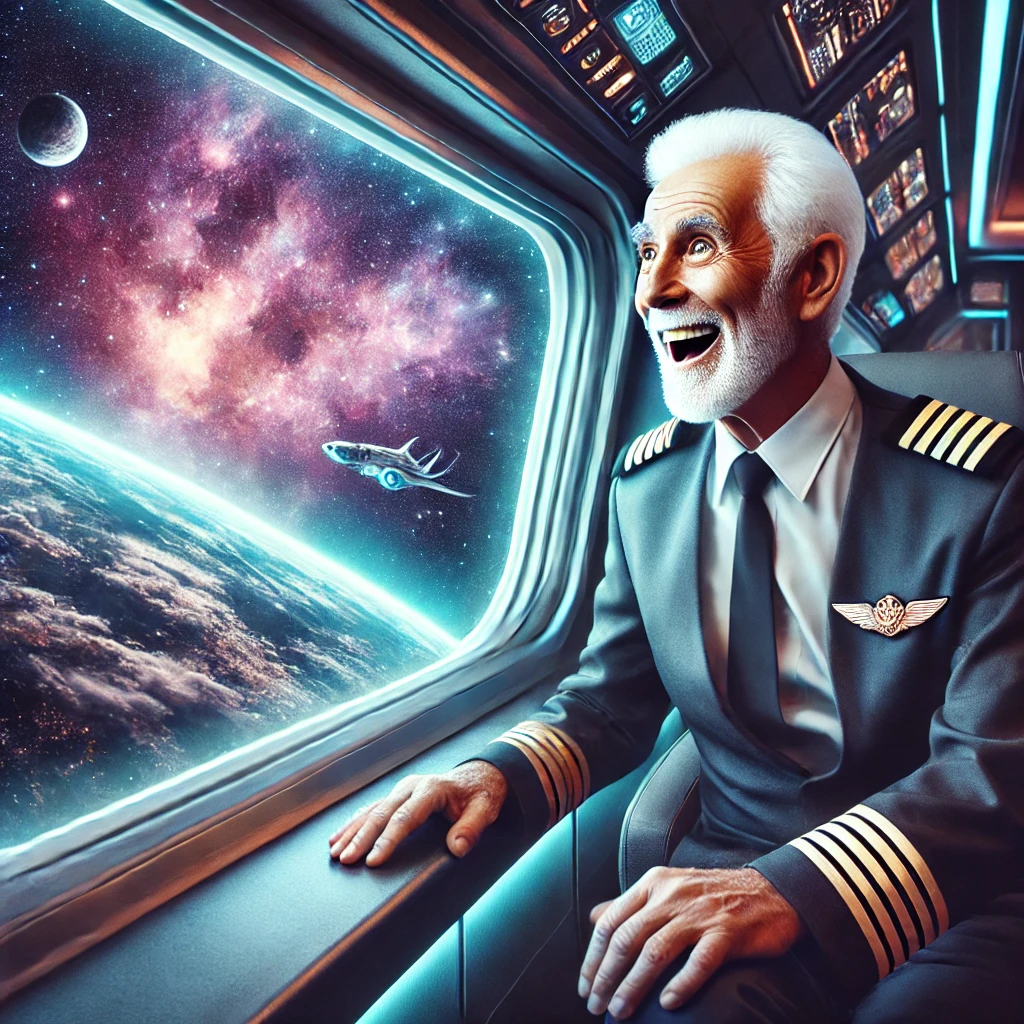 a 90-year-old spaceship captain looking out the window of a spaceship