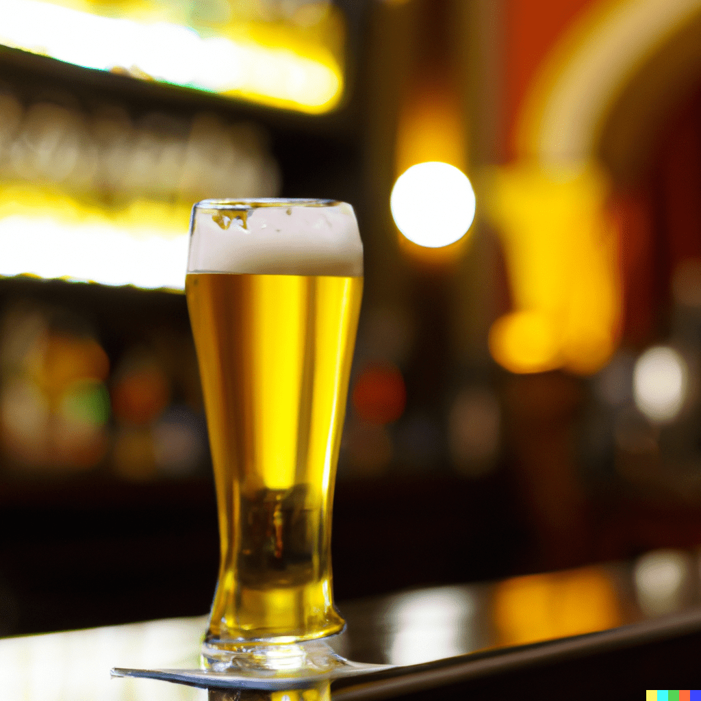 a glass of beer on a bar